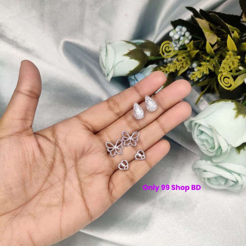 3 Pairs Silver Butterfly Stud Earring Sets (1 Pata)